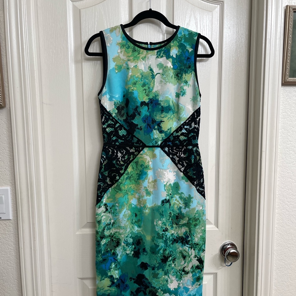 Adrianna Papell Teal and Black Lace Midi Dress